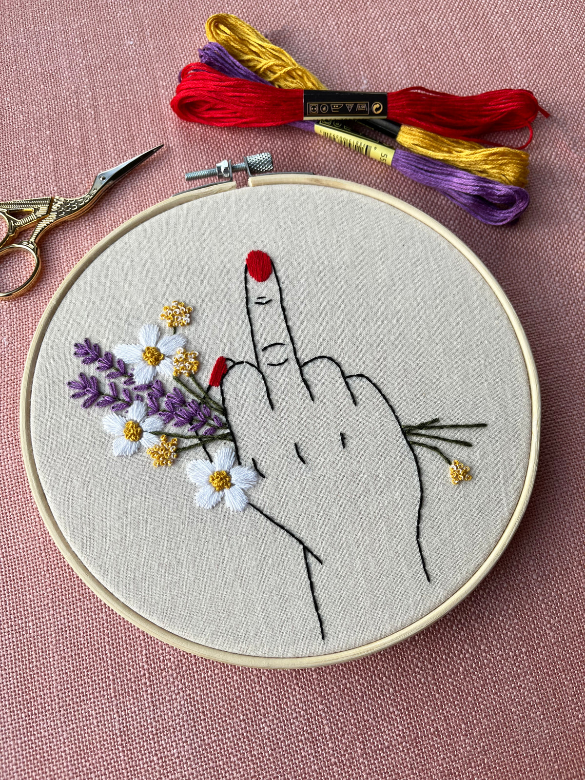 The Finger middle finger embroidery with floral design